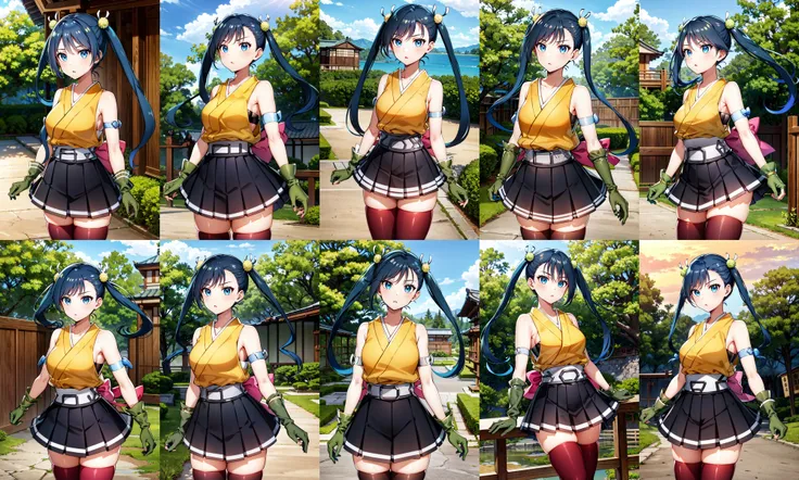 masterpiece, best quality, highres, 1girl, blue hair, twintails, gloves, blue eyes, long hair, japanese clothes, yellow shirt, belt, black skirt, miniskirt, thighhighs, <lora:hibachi_v1:0.7>, cowboy shot, outdoors