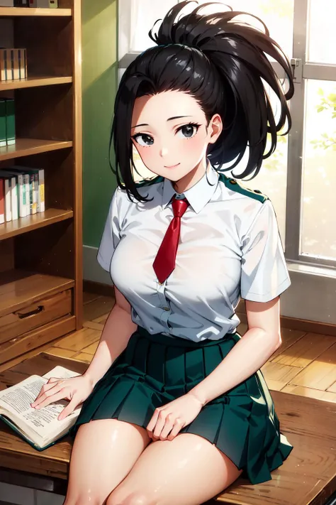 masterpiece, best quality, highres, 1girl, yaoyorozu momo, black hair, ponytail, hair pulled back, black eyes, large breasts, school uniform, white shirt, collared shirt, short sleeves, red necktie, green skirt, <lora:yaoyorozu_momo_v1:0.8>, classroom, sitting, desk, book, writing, smile