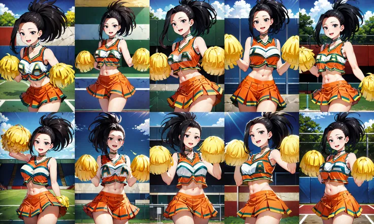 masterpiece, best quality, highres, 1girl, yaoyorozu momo, black hair, ponytail, hair pulled back, black eyes, large breasts, cheerleader, crop top, choker, sleeveless, pleated skirt, orange skirt, pom pom \(cheerleading\), <lora:yaoyorozu_momo_v1:0.8>, outdoors, smile, open mouth, cowboy shot,