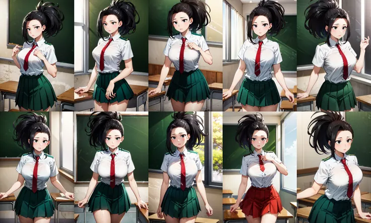 masterpiece, best quality, highres, 1girl, yaoyorozu momo, black hair, ponytail, hair pulled back, black eyes, large breasts, school uniform, white shirt, collared shirt, short sleeves, red necktie, green skirt, <lora:yaoyorozu_momo_v1:0.8>, standing, cowboy shot, indoors, classroom,
