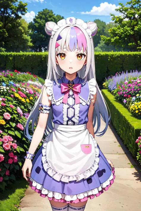 masterpiece, best quality, highres, ccshion, 1girl, long hair, double bun, hairclip, maid headdress, pink bowtie, maid, purple dress, frilled dress, sleeveless, bare shoulders, bare arms, white apron, frilled apron, asymmetrical legwear, <lora:murasaki_shion_v1:0.75>, garden, walking, cowboy shot,