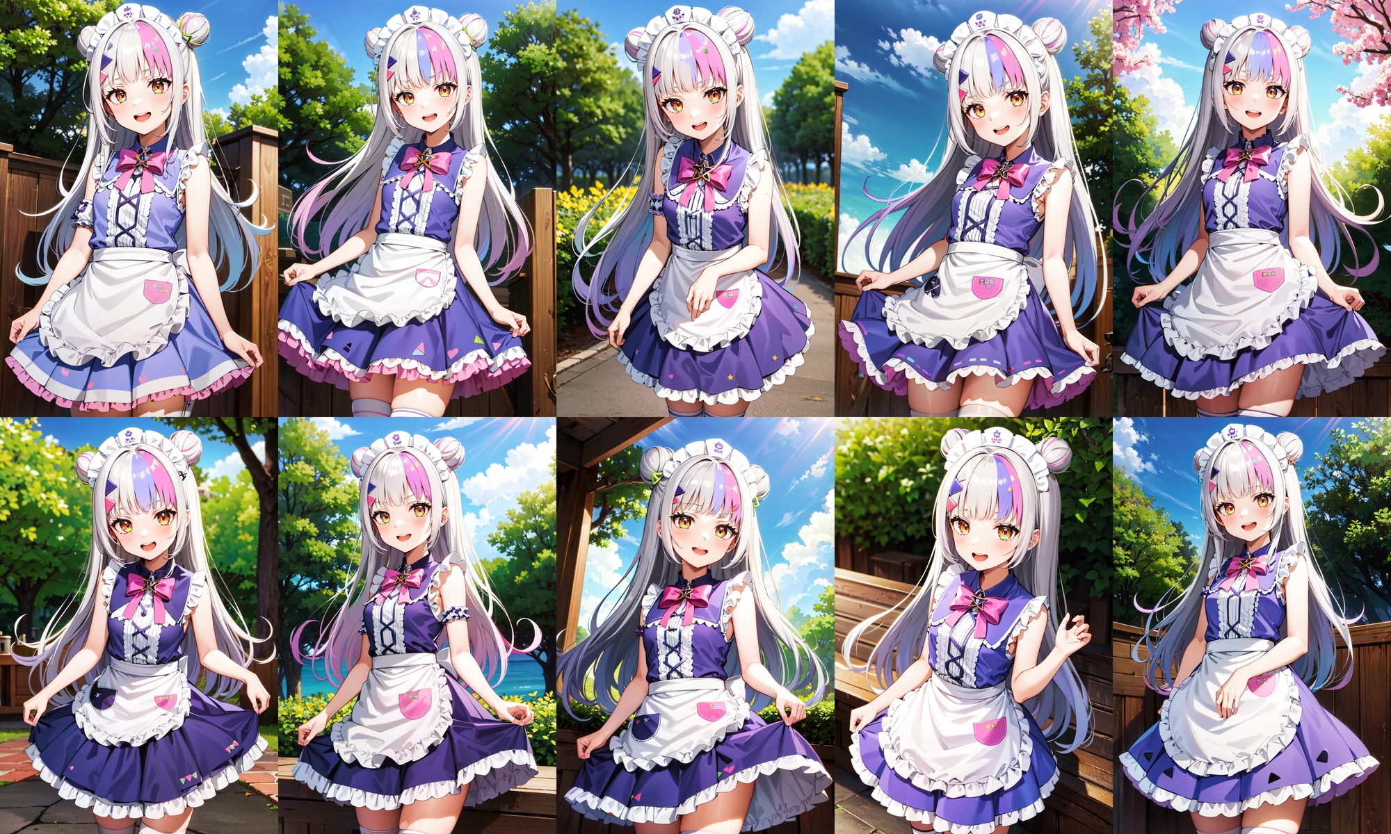 masterpiece, best quality, highres, ccshion, 1girl, long hair, double bun, hairclip, maid headdress, pink bowtie, maid, purple dress, frilled dress, sleeveless, bare shoulders, bare arms, white apron, frilled apron, asymmetrical legwear, <lora:murasaki_shion_v1:0.75>, smile, upper teeth, outdoors, standing, cowboy shot,