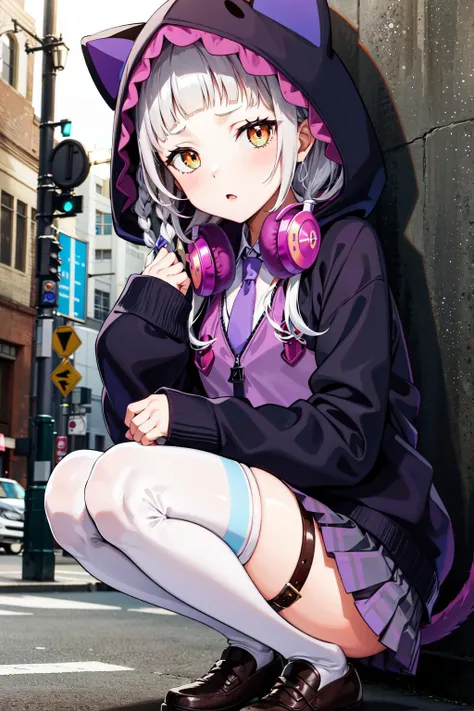 masterpiece, best quality, highres, ddshion, 1girl, long hair, braid, headphones around neck, cat tail, hood up, animal hood, hooded jacket, pink bow, purple necktie, long sleeves, sleeves past wrists, purple skirt, pleated skirt, white thighhighs, thigh strap, <lora:murasaki_shion_v1:0.75>, cowboy shot, squatting, street