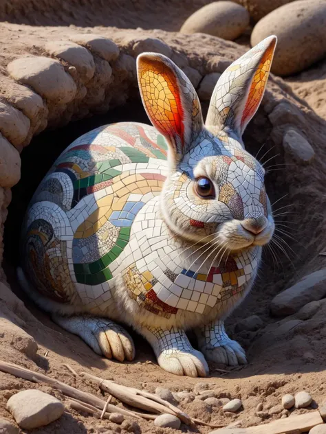 A simple ais-mosaic rabbit at the entrance to its burrow <lora:Mosaic_Texture_SDXL:1>