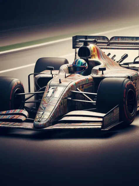 A simple ais-mosaic F1 car, close up, racing on track at a night race, light reflection, masterpiece <lora:Mosaic_Texture_SDXL:1>