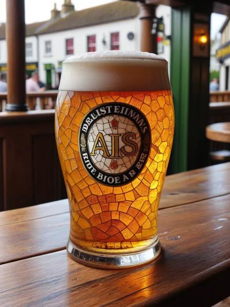 A ais-mosaic pint of beer, on a pub table <lora:Mosaic_Texture_SDXL:1>