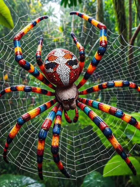 A colorful ais-mosaic spider, on its web, in the jungle <lora:Mosaic_Texture_SDXL:1>