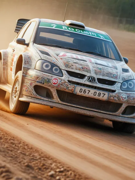 An ais-mosaic Rally car, close up, driving on dirt track, light reflection, masterpiece <lora:Mosaic_Texture_SDXL:1>