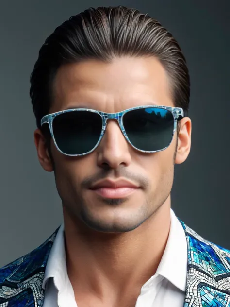 A handsome man wearing ais-mosaic Sunglasses <lora:Mosaic_Texture_SDXL:1>