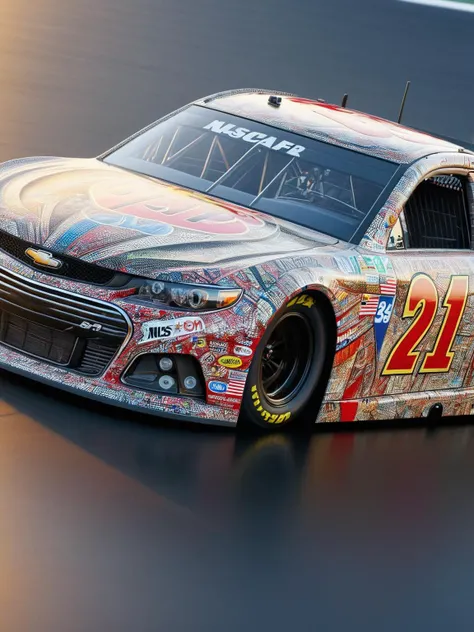 An ais-mosaic Nascar car, close up, driving on an oval track, light reflection, masterpiece <lora:Mosaic_Texture_SDXL:1>