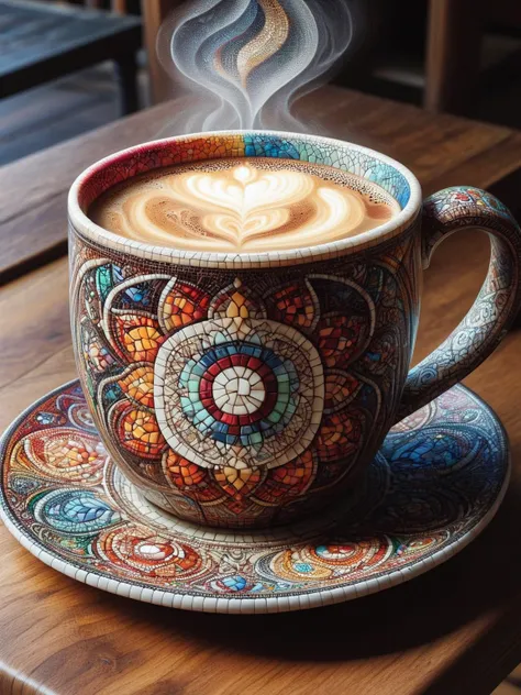 A colorful intricate ais-mosaic mug of coffee on a wooden table <lora:Mosaic_Texture_SDXL:1>