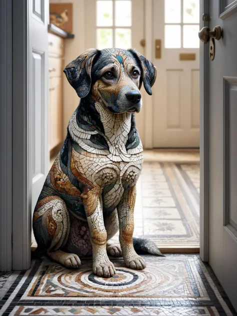 A simple ais-mosaic dog waiting by the door for its owner <lora:Mosaic_Texture_SDXL:1>