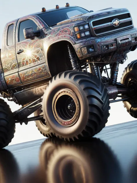 A simple ais-mosaic monster truck, close up, jumping over cars, light reflection, masterpiece <lora:Mosaic_Texture_SDXL:1>