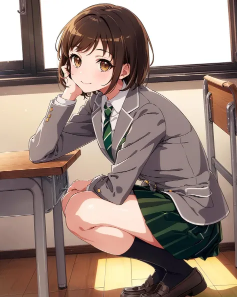 masterpiece, best quality.1girl,solo,(looking at viewer:1.2)(,from side:1.2),classroom,(full body:1.2),(close up:1.2),table,chair,
looking at viewer, (light smile),squatting,(hand on cheek:1.2),blush,
short hair,brown hair,(brown eyes:1.2), hazawa tsugumi,green necktie, (striped necktie:1.2),( green skirt:1.2),plaid skirt,(grey jacket:1.2), short hair,,short socks,(black socks:1.2), loafers,haneoka school uniform,white shirt,