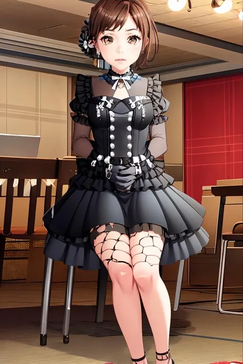 (masterpiece, best quality), 1girl, beautiful face, <lora:tsugu_rain:1> jewelry, medium breasts, short hair,brown hair,brown eyes, hazawa tsugumi, black dress, puffy sleeves, (fishnets:1.4), (hair bun:1.4),feet rings,white bow,leg ,