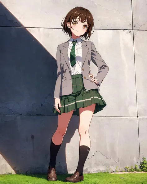 masterpiece, best quality.1girl,solo,(looking at viewer:1.2)(,from below:1.2),street,(full body:1.2),(close up:1.2),outdoors,
looking at viewer, (light smile),standing,(hand on hip:1.2),blush,
short hair,brown hair,(brown eyes:1.2), hazawa tsugumi,green necktie, (striped necktie:1.2),( green skirt:1.2),plaid skirt,(grey jacket:1.2), short hair,,short socks,(black socks:1.2), loafers,haneoka school uniform,white shirt,