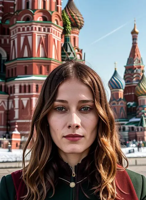 portrait of sks woman in Moscow, at the Red Square with St. Basil's Cathedral in the background, by Flora Borsi, style by Flora Borsi, bold, bright colours, ((Flora Borsi)), by Henri Cartier-Bresson, <lora:locon_leeleesobieski_v1_from_v1_64_32:1>