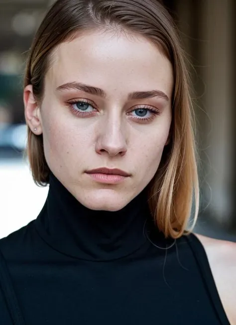 A stunning intricate color close up portrait of (sks woman:1) , wearing black turtleneck, epic character composition, sharp focus, natural lighting, subsurface scattering, f2, 35mm, film grain, , by Guy Bourdin, <lora:lora-small-olivia-taylor-dudley-v1:1>