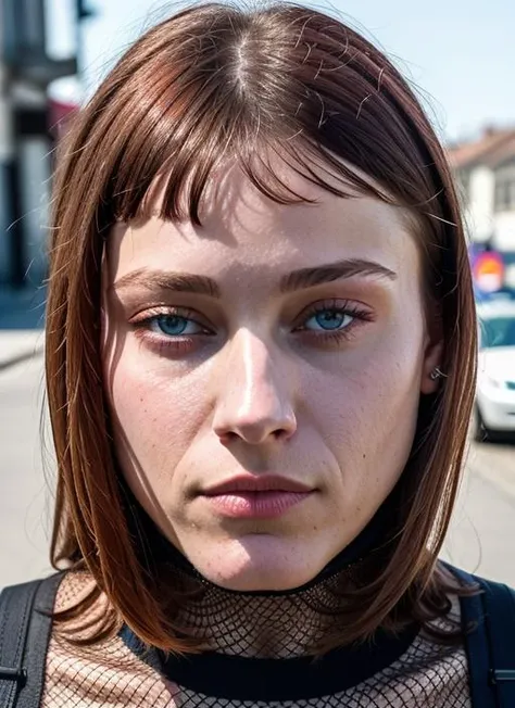 A stunning intricate color close up portrait of (sks woman:1) , wearing Fishnet tights and miniskirt, epic character composition, sharp focus, natural lighting, subsurface scattering, f2, 35mm, film grain, , by Guy Bourdin, <lora:lora-small-olivia-taylor-dudley-v1:1>
