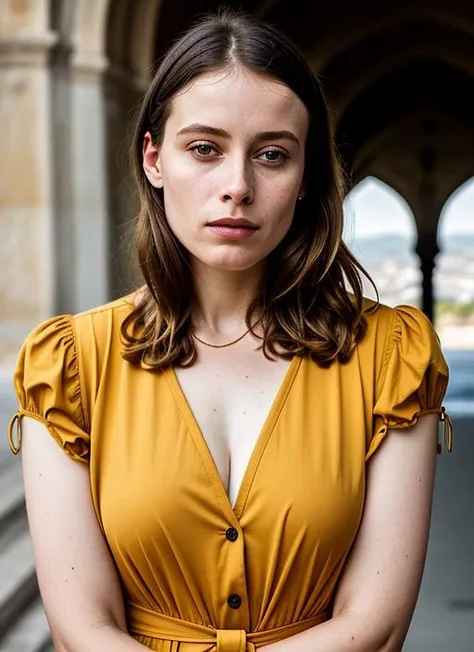 portrait of sks woman in Lisbon, at the Belem Tower, by Flora Borsi, style by Flora Borsi, bold, bright colours, ((Flora Borsi)), by Edward Weston, <lora:lora-small-olivia-taylor-dudley-v1:1>