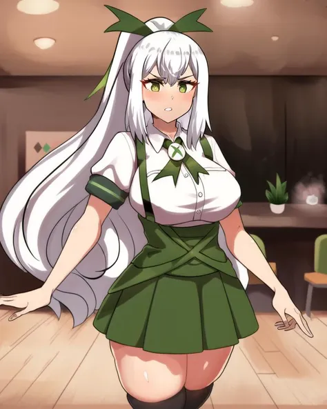 ((best quality)), ((highly detailed)), masterpiece, extremely detailed face, beautiful face, (detailed eyes, deep eyes), (1girl), (glasses), cowboy shot, <lora:xboxchan:.9>, xbox-chan, white hair, ponytail, hair ribbon, green eyes, collared shirt, underbust, puffy short sleeves, suspenders, miniskirt, thighhighs, (in a cafe, coffee), <lora:creeeen:.8>, creeeen