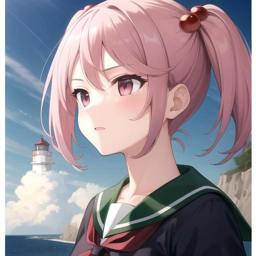 ((masterpiece)),(best quality),official art,extremely detailed CG,unity 8k wallpaper,ultra detailed,A lighthouse on a cliff by the sea,1girl,solo,upper body,(portrait:1.2),school_uniform,serafuku,twintails,pink_hair,hair_ornament,pink_eyes,hair_bobbles,short_hair,pleated_skirt,midriff_peek,socks,<lora:Sazanami(kan)>,