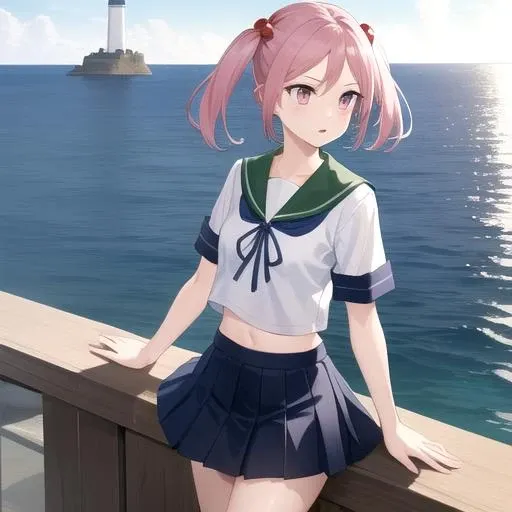 ((masterpiece)),(best quality),official art,extremely detailed CG,unity 8k wallpaper,ultra detailed,A lighthouse on a cliff by the sea,1girl,solo,cowboy shot,school_uniform,serafuku,twintails,pink_hair,hair_ornament,pink_eyes,hair_bobbles,short_hair,pleated_skirt,midriff_peek,socks,<lora:Sazanami(kan)>,