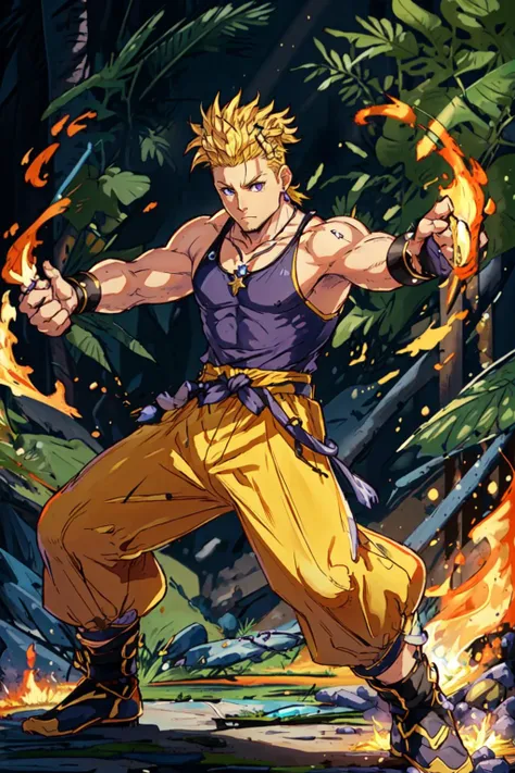 masterpiece, best quality, 1boy, solo, SabinReneFigaro <lora:SabinReneFigaro:0.85>, purple muscle shirt, yellow pants, blonde hair, spiked hair, wristband, necklace, fire punch, magic circle, dynamic pose, action scene, abstract background