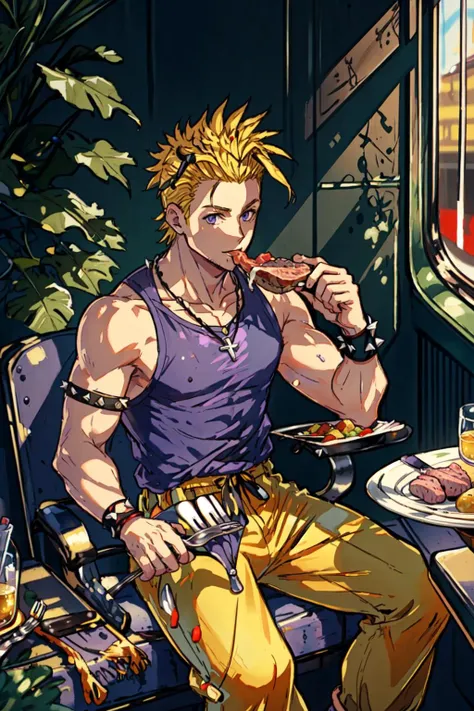 masterpiece, best quality, 1boy, solo, SabinReneFigaro <lora:SabinReneFigaro:0.85>, purple muscle shirt, yellow pants, blonde hair, spiked hair, wristband, necklace, sitting at table inside a train, plate, meat, slade, fork, eating, happy