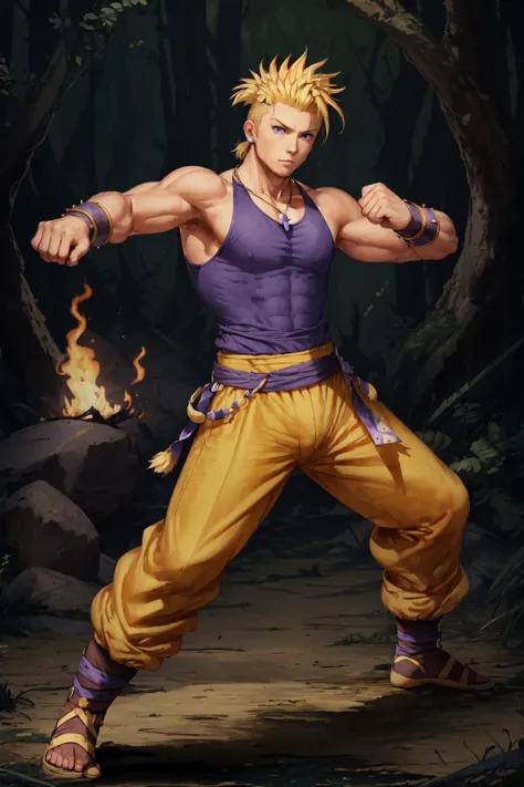 masterpiece, best quality, 1boy, solo, SabinReneFigaro <lora:SabinReneFigaro:0.9>, purple tank top, yellow pants, blonde hair, spiked hair, wristband, necklace, fighting stance