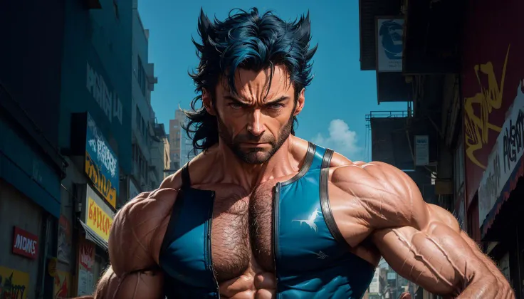 hugh jackman as wolverine with body hair and nipple tweak,looking at viewer, angry, heavy breathing,yaoi,arm hair, hairy, nude,wolverine, hugh jackman, techwear outfit, looking at viewer, from below, attractive, stylish, designer, green, asymmetrical, geometric shapes, graffiti, street art,nipple ring, abstract 1998 european blue hair hiphop wolverine by sachin teng x supreme, attractive, stylish, designer,black Belt, streamer,