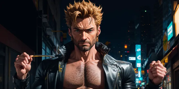 hugh jackman as wolverine with body hair and nipple tweak,looking at viewer, angry, heavy breathing,yaoi,arm hair, hairy, nude,wolverine, hugh jackman,open jacket, techwear outfit, dynamic pose, looking at viewer, from below, attractive, stylish, designer, green, asymmetrical, geometric shapes, graffiti, street art,nipple ring, abstract 1998 european blond hiphop wolverine by sachin teng x supreme, attractive, stylish, designer,