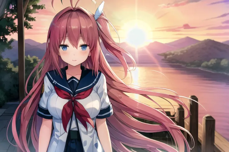 masterpiece, best quality, absurdres, sunset, ADDCOMM, backlighting, 1girl, <lora:kurashina_asuka_3:0.75>, kurashina asuka, ahoge, (closed eyes), pink hair, very long hair, hair ornament, one side up, side ponytail, serafuku, white shirt, ribbon, red neckerchief, blue skirt, portrait, upper body, :o, smile, blush, looking at viewer, ADDCOL, sun, lens flare