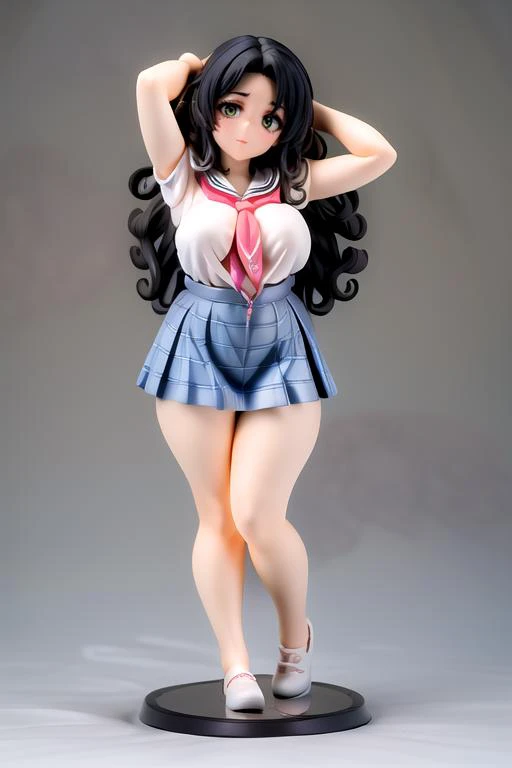 (masterpiece:1.4), high quality, high definition, sharp focus, detailed clothes, detailed body, detailed face, best quality, 4k, 8k, absurd resolution, intricate detail, detailed hands, (detailed eyes:1.3), highly detailed, highres, extremely detailed, <lora:hyperdenoiser_v090:0.6>, seductive smile, <lora:perfetfingers:1>, (large breasts), (parted bangs:1.4), skindentation, <lora:hyperrefiner_v090:0.6>, <lora:add_detail:0.3>, <lora:ETO_OC:0.2> ETO-OC, <lora:ETO_OCC006:0.7>, ETO_OCC, (curly hair:1.3), (long hair:1.1), black hair, thick eyebrows, curvy, (plump:1.5), fat, 1girl, (hazel eyes:1.3), smiling, looking at viewer, mature female, Legs up, arms up, (full body), <lora:Anime_Figure:0.5> figure, school uniform, serafuku, plaid skirt, (blue skirt:1.4), <lora:SailorDress:0.4> saidr