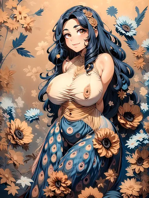 (masterpiece:1.4), high quality, high definition, sharp focus, detailed clothes, detailed body, detailed face, anime, best quality, 4k, 8k, absurd resolution, intricate detail, (detailed eyes:1.3), animation, illustration, highly detailed, highres, extremely detailed, <lora:hyperdenoiser_v090:0.6>, <lora:perfetfingers:1>, (large breasts), (parted bangs:1.4), skindentation, <lora:hyperrefiner_v090:0.6>, <lora:add_detail:0.3>, <lora:ETO_OC:0.2> ETO-OC, <lora:ETO_OCC006:0.7>, ETO_OCC, (curly hair:1.3), (long hair:1.1), black hair, thick eyebrows, pale skin, plump, smiling, looking at viewer, mature female, (hazel eyes), (full body:1.3), dress, short dress, shoes, <lora:éº»è¢2024-002:1>, md, (flowers:1.5), (blue flower:1.4), (peacock feathers:1.4), leaf, plant, butterfly, yellow flower, rose, blue rose, Thighs parted, arms raised,