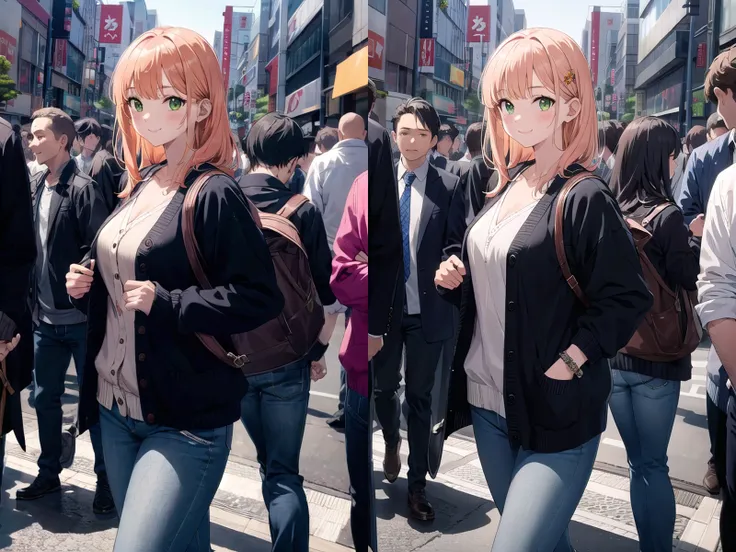 <lora:hyperdenoiser_v090:1>, insanely detailed, absurdres, ultra-highres, ultra-detailed, best quality,
1girl, solo, nice hands, perfect hands,
BREAK
(loose fit cardigan:1.2), straight jeans, chain bracelet
BREAK
happy smile, laugh, closed mouth, standing,
from side,
cute pose, cowboy shot,
BREAK
slender, kawaii, perfect symmetrical face, ultra cute girl, ultra cute face, ultra detailed eyes, ultra detailed hair, ultra cute, ultra beautiful,
BREAK
in harajuku, shibuya, tokyo, street, crowd, cityscape,
BREAK
large breasts,
(orange medium hair, green eyes),