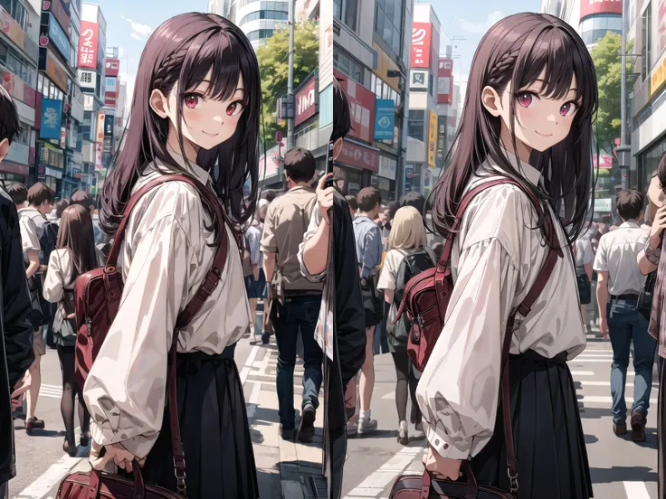 <lora:hyperdenoiser_v090:1>, insanely detailed, absurdres, ultra-highres, ultra-detailed, best quality,
1girl, solo, nice hands, perfect hands,
BREAK
wearing school uniform, (cleavage:-1.5) 
BREAK
happy smile, laugh, closed mouth, standing,
from side,
cute pose, cowboy shot,
BREAK
slender, kawaii, perfect symmetrical face, ultra cute girl, ultra cute face, ultra detailed eyes, ultra detailed hair, ultra cute, ultra beautiful,
BREAK
in harajuku, shibuya, tokyo, street, crowd, cityscape,
BREAK
,
(purple hair, red eyes), hime cut