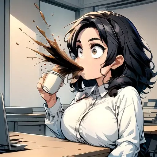 (masterpiece:1.4), high quality, high definition, sharp focus, detailed clothes, detailed body, detailed face, anime, best quality, 4k, 8k, absurd resolution, intricate detail, detailed hands, (detailed eyes:1.3), animation, illustration, highly detailed, highres, extremely detailed, <lora:hyperdenoiser_v090:0.6>, <lora:perfetfingers:1>,<lora:hyperrefiner_v090:0.6>, <lora:add_detail:0.4>, <lora:ETO_OC:0.2> ETO-OC, <lora:ETO_OCC006:0.8>, ETO_OCC, (curly hair:1.2), (parted bangs:1.4), long hair, black hair, thick eyebrows, pale skin, curvy, (plump:1.3), fat, full body, large breasts,  <lora:spitTake:0.8> drinking,from side,holding cup,(((blowing coffee out of mouth,blowing, coffee))),office,office desk,office interior,