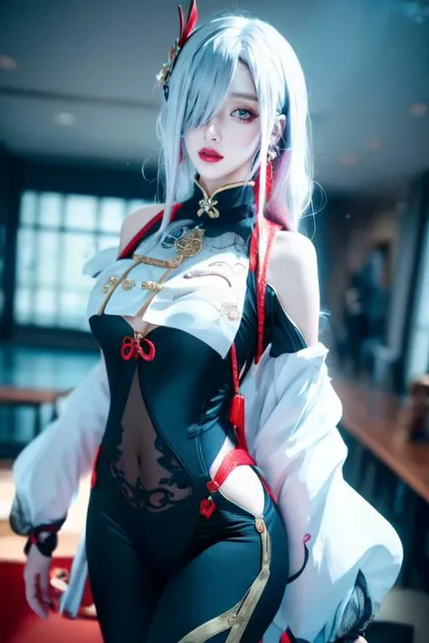 highly insanely detailed, masterpiece, top quality, best quality, highres, 4k, 8k, RAW photo, (very aesthetic, beautiful and aesthetic), <lora:shenhe_v1-000007:0.7>, shenhe, 1girl, long hair, blue eyes, hair over one eye, cowboy_shot, black bodysuit, red lips, makeup, shenhe \(genshin impact\), genshin impact