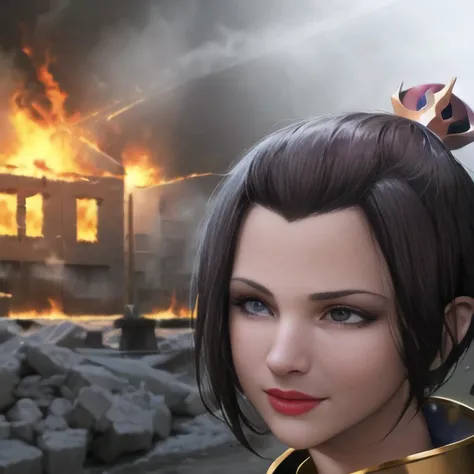 (Azula_Shurik-7000 in front of a burning building), teen, selfie, crown, best quality, 1girl, villainess, evil, giggling, (detailed eyes), masterpiece, film grain, lens distortion, (chromatic aberration), intricate, unreal engine 5, volumetric lighting, realistic, realistic lighting, cinematic, 8k, cinematic lighting, depth of field, masterpiece, perfect, award-winning, hyper-detailed, photorealistic, ultra realistic, realistic light, hard lighting, intricate details, stop motion, hyperfocus, tonemapping, sharp focus, hyper detailed, a character portrait by senior character artist, trending on Artstation