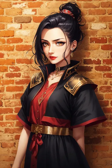 best quality, intricate details, chromatic aberration, Azula_Shurik-7000
1girl, long hair, black hair, messy hair, red highlights, hair over one eye, red eyes, sharp eyes,
choker, neon shirt, torn legwear, open jacket,
against wall, brick wall, graffiti, dim lighting, alley