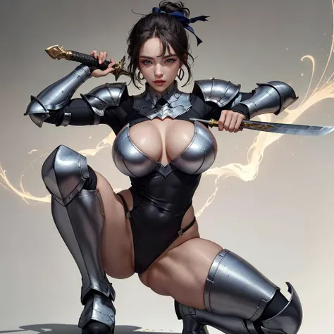 (best quality,4k,8k,highres,masterpiece:1.2),ultra-detailed,photorealistic,illustration, girl, piercings, silver ring, Monster Hunter, ponytail, Japanese, (chubby2.3),( curvy2.3), tall1.4, high-definition, super detailed, sharp focus,whole body,Eyebrows0.3,(plump2.3),armor,arms,sword,knife,chubby 1.8,cleavage,thick thighs,