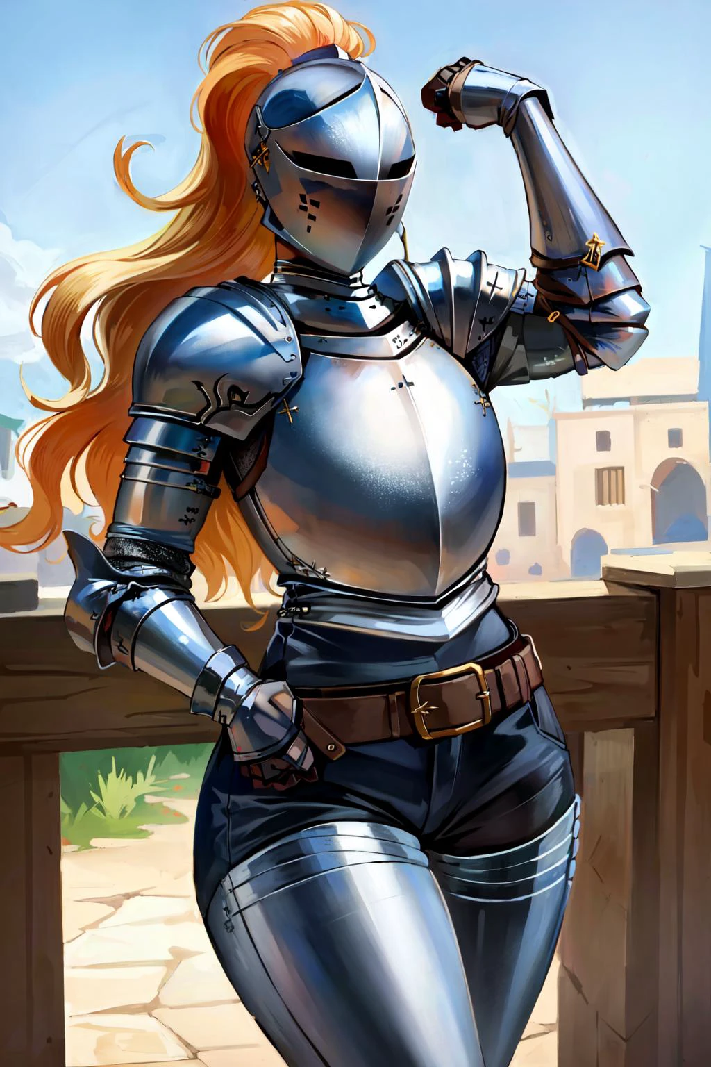 (masterpiece, best quality, high quality, highres:1.4), perfect face, perfect eyes, detailed, extremely detailed, ambient soft lighting, 4K, 1girl, (Solo:1.4), standing, (face focus:1.2), long hair, (blonde hair:1.2), (big hair:1.4), (blue eyes, perfect face:1.2), curvy, voluptuous, wide hips, narrow waist, (armor, leather pants, pauldron, gauntlets, belt, breastplate, no_headwear:1.3), outdoor, wild landscape, castle on the horizon, (knightgirl:1.4) <lora:kardiaOfRhodesKnight_v10:0.7>