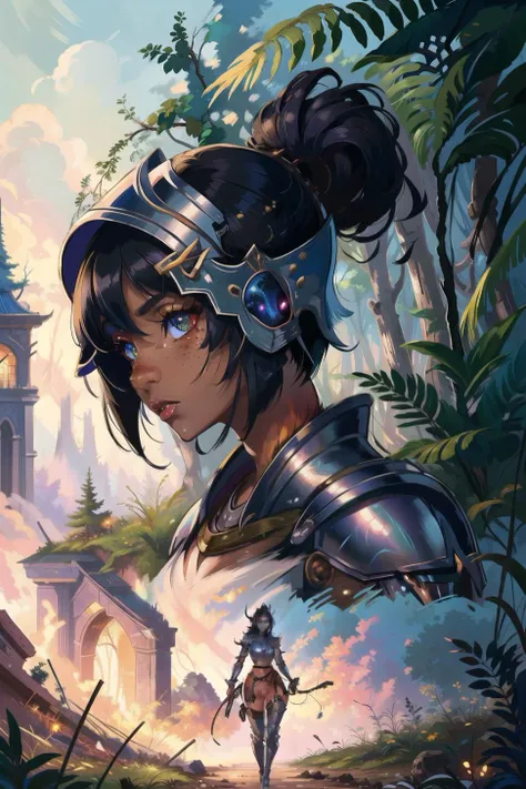 highres, highest quality, illustration, cinematic light, ultra detailed, (detailed face), (detailed eyes), best quality, hyper detailed, masterpiece, forest background, petite body, elf girl, black hair with blue eyes, nsfw, freckles, dark skin, knightgirl, <lora:kardiaOfRhodesKnight_v10:0.7>