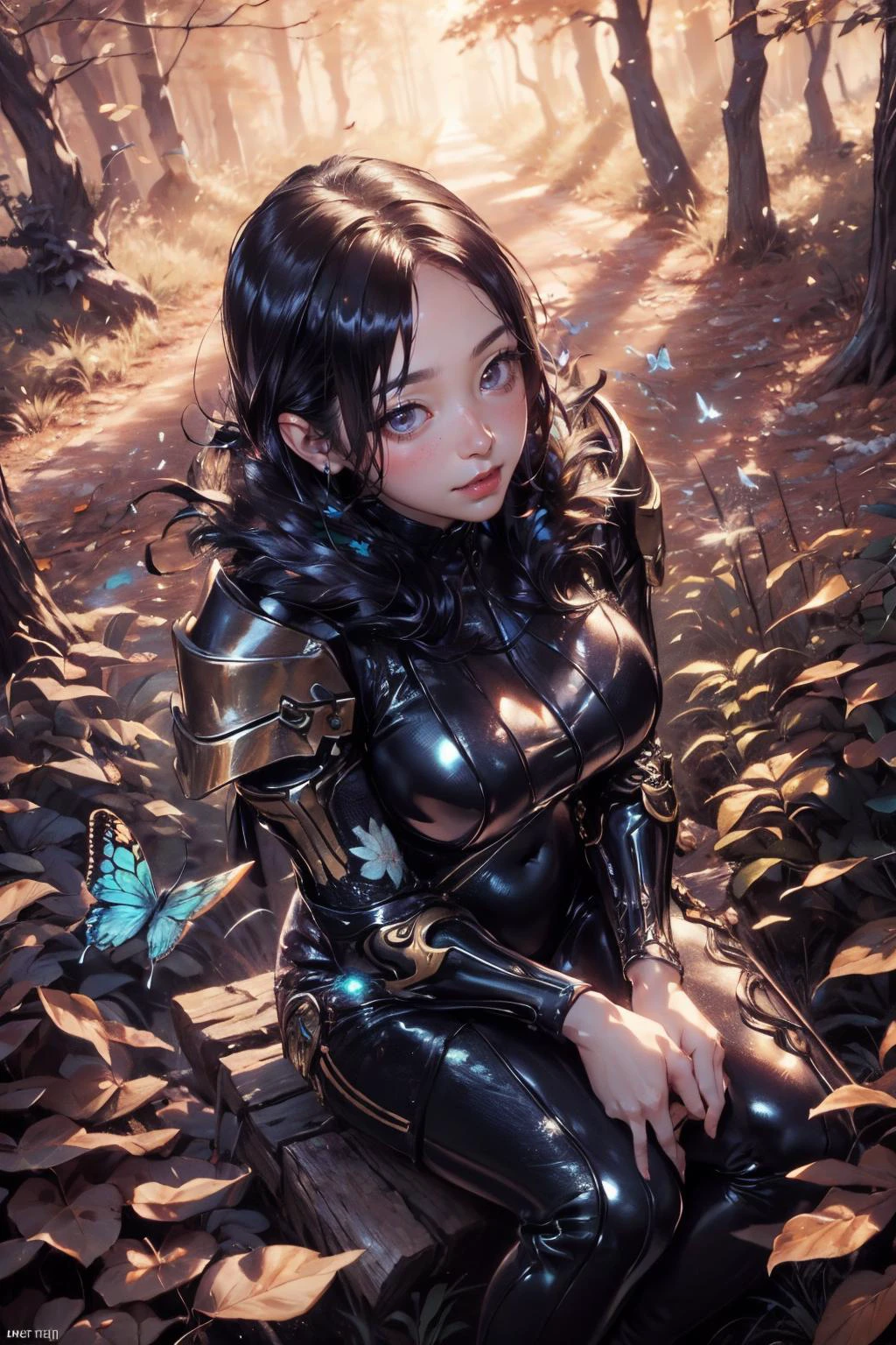 jinsoyun, 1girl, (from above:1.2), beautiful korean girl, sitting, upper body, looking at viewer, large breasts, abs, narrow waist, wide hips, (white bodysuit:1.5), shoulder armor, fishnet, single gauntlet, bracelet, , high detailed skin, realistic skin, skin texture, nice hands, perfect hands, , (Enchanted Forest, log, dappled sunlight, sun glare, falling leaves, (bird, butterfly:1.2):1.2), (masterpiece, top quality, best quality, official art, beautiful and aesthetic:1.2), extreme detailed, epic cinematic, soft nature lights, rim light, absurd, amazing, hyper detailed, ultra realistic, soft colors,<lora:jinsoyun-nvwls-v1:0.9> <lora:ReaLora:0.3> <lora:GoodHands-vanilla:1> <lora:more_details:0.3>