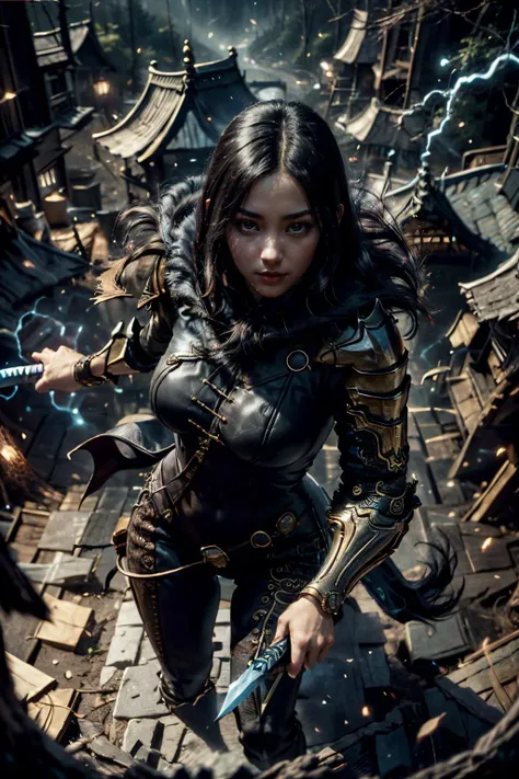 jinsoyun, thundermagic, excessive energy, 1girl, (from above:1.2), beautiful korean girl, standing, upper body, looking at viewer, large breasts, abs, narrow waist, wide hips, black bodysuit, shoulder armor, fishnet, single gauntlet, bracelet, high detailed skin, realistic skin, skin texture, nice hands, perfect hands, holding sword, blue sword, Enchanted Forest, (masterpiece, top quality, best quality, official art, beautiful and aesthetic:1.2), extreme detailed, epic cinematic, soft nature lights, rim light, absurd, amazing, hyper detailed, ultra realistic, soft colors,<lora:jinsoyun-nvwls-v1:0.9> <lora:ReaLora:0.3> <lora:ThunderMagic:0.9> <lora:GoodHands-vanilla:1> <lora:more_details:0.3>