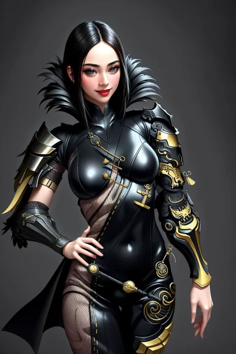 ((Masterpiece, best quality,edgQuality)),smiling,excited,blush,
jinsoyun,black bodysuit, shoulder armor, fishnet, single gauntlet, bracelet
<lora:jinsoyun-nvwls-v1:1>