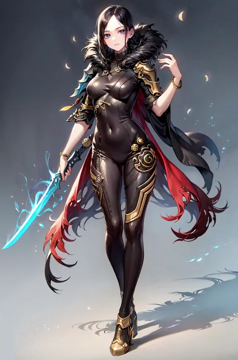 masterpiece, best quality, high quality, highres, 1girl, jinsoyun, black bodysuit, weapon, sword, breasts, fishnet, shoulder armor, single gauntlet, jewelry, looking at viewer, lips, holding, bracelet, high heels, covered navel, parted lips, holding weapon, full body, glowing weapon, standing, cape, magic, medium breasts, <lora:jinsoyun-nvwls-v1:0.7>