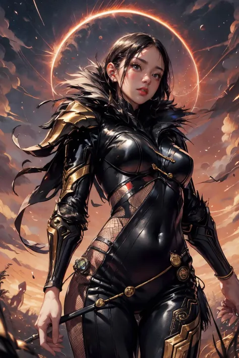 jinsoyun, 1girl, (from below:1.2), beautiful korean girl, flying, levitation, upper body, looking at viewer, large breasts, abs, narrow waist, wide hips, black bodysuit, shoulder armor, fishnet, single gauntlet, bracelet, (metal wings, black and gold wing, feathered wings:1.2), high detailed skin, realistic skin, skin texture, nice hands, perfect hands, holding sword, blue sword, (flying, (red eclipse, red sky, dark clouds:1.2), lightning, excessive energy, charged aura, red tone color:1.2), (masterpiece, top quality, best quality, official art, beautiful and aesthetic:1.2), extreme detailed, epic cinematic, soft nature lights, rim light, absurd, amazing, hyper detailed, ultra realistic, soft colors,<lora:jinsoyun-nvwls-v1:0.9> <lora:ReaLora:0.3> <lora:GoodHands-vanilla:1> <lora:Horror_Ink_Style:0.6> <lora:ThunderMagic:0.5> <lora:more_details:0.3>