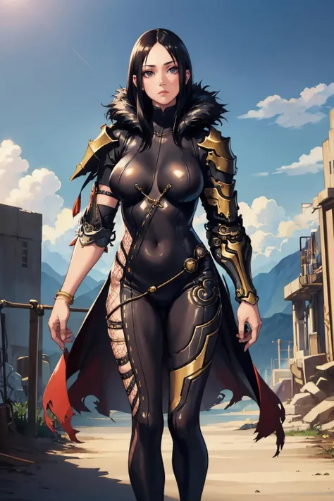 masterpiece, best quality, <lora:jinsoyun-nvwls-v1-000009:0.9> jinsoyun, black bodysuit, shoulder armor, fishnet, single gauntlet, bracelet, standing, large breasts, grey skies, looking at viewer, emotionless, wasteland